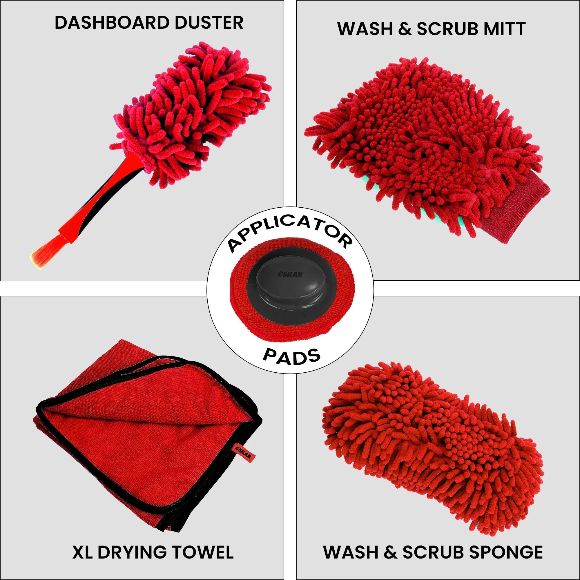 Oskar Ultimate 11-Piece Car Wash Kit, 4.5 Gallon Bucket, Mag Wheel Brushes, Microfibre Duster and Detailing Brush, Chenille Wash and Scrub Sponge, Applicator Pad Kit, Drying Towel, for Car, SUV, Truck