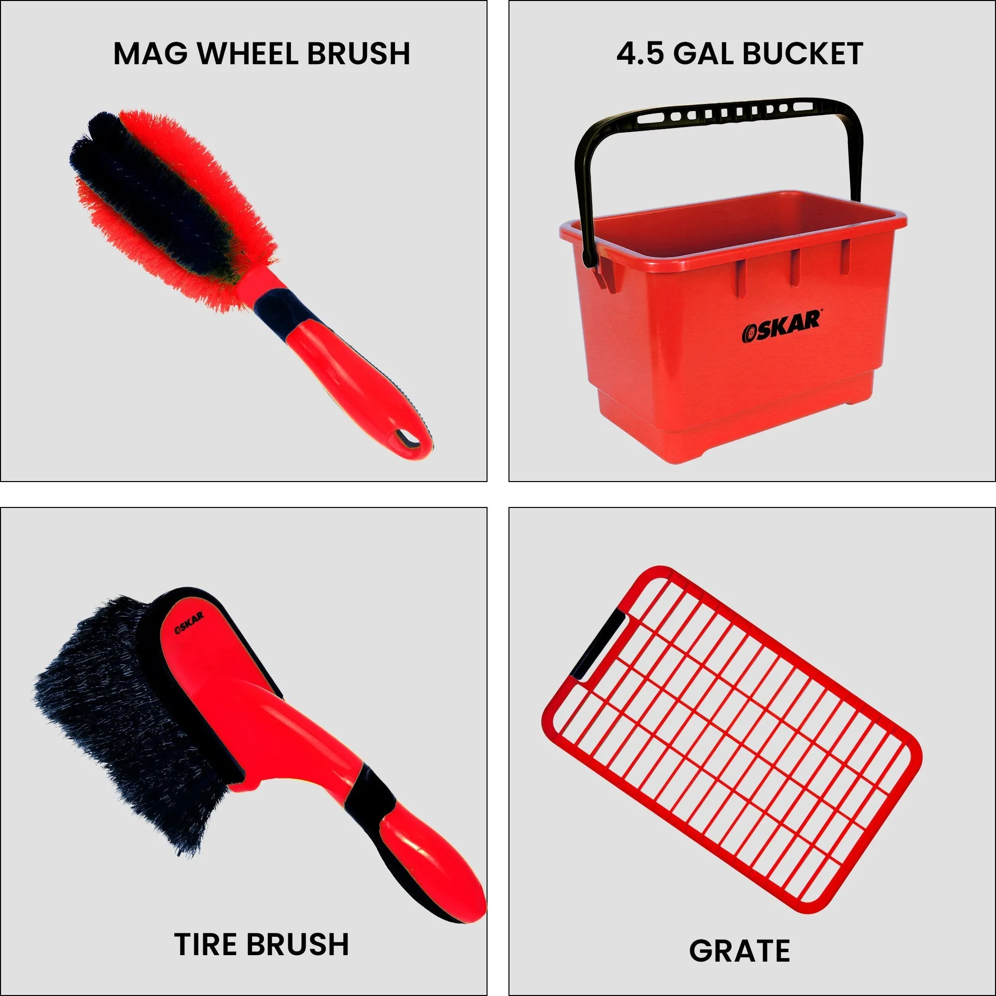 Oskar Ultimate 11-Piece Car Wash Kit, 4.5 Gallon Bucket, Mag Wheel Brushes, Microfibre Duster and Detailing Brush, Chenille Wash and Scrub Sponge, Applicator Pad Kit, Drying Towel, for Car, SUV, Truck