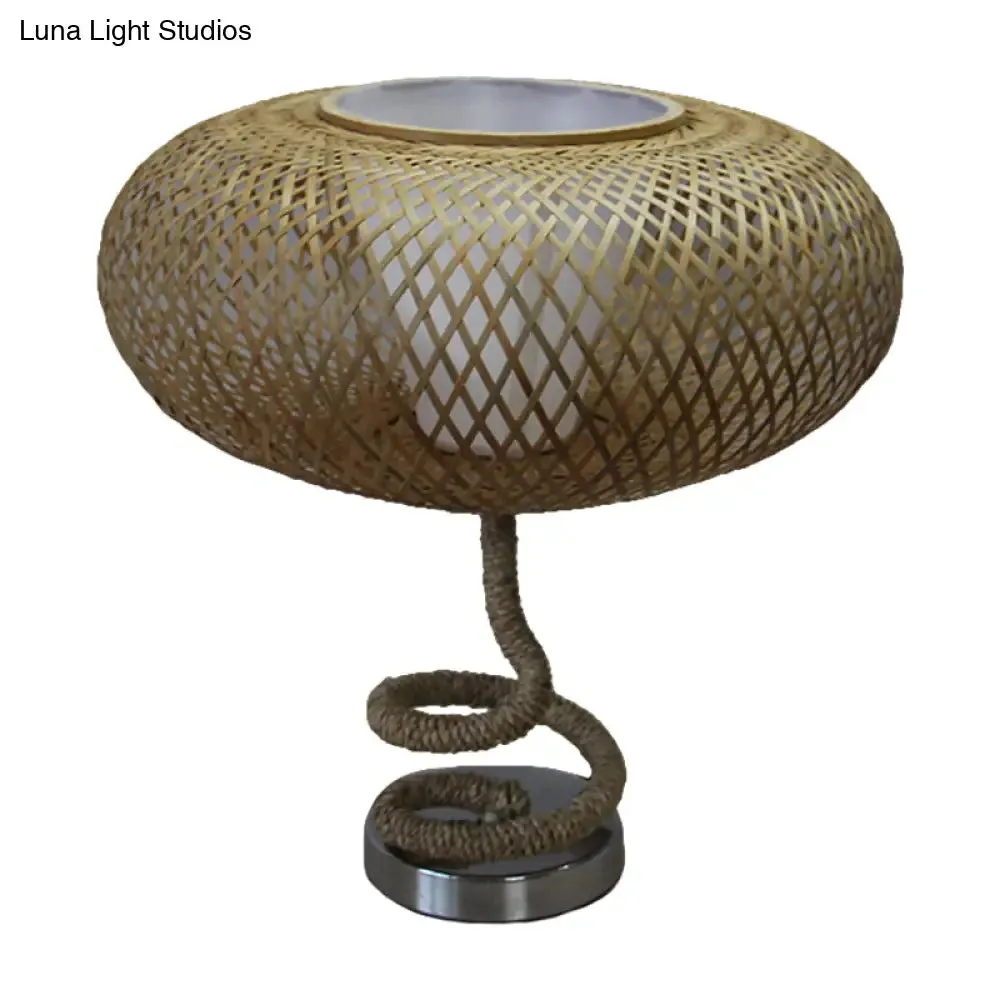 Oval Woven nightstand lamp - Asian bamboo rattan, flaxen light with rope design