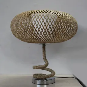 Oval Woven nightstand lamp - Asian bamboo rattan, flaxen light with rope design