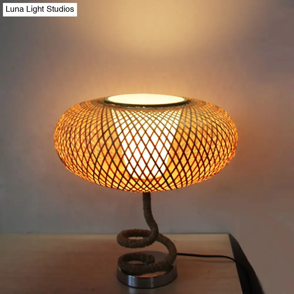 Oval Woven nightstand lamp - Asian bamboo rattan, flaxen light with rope design