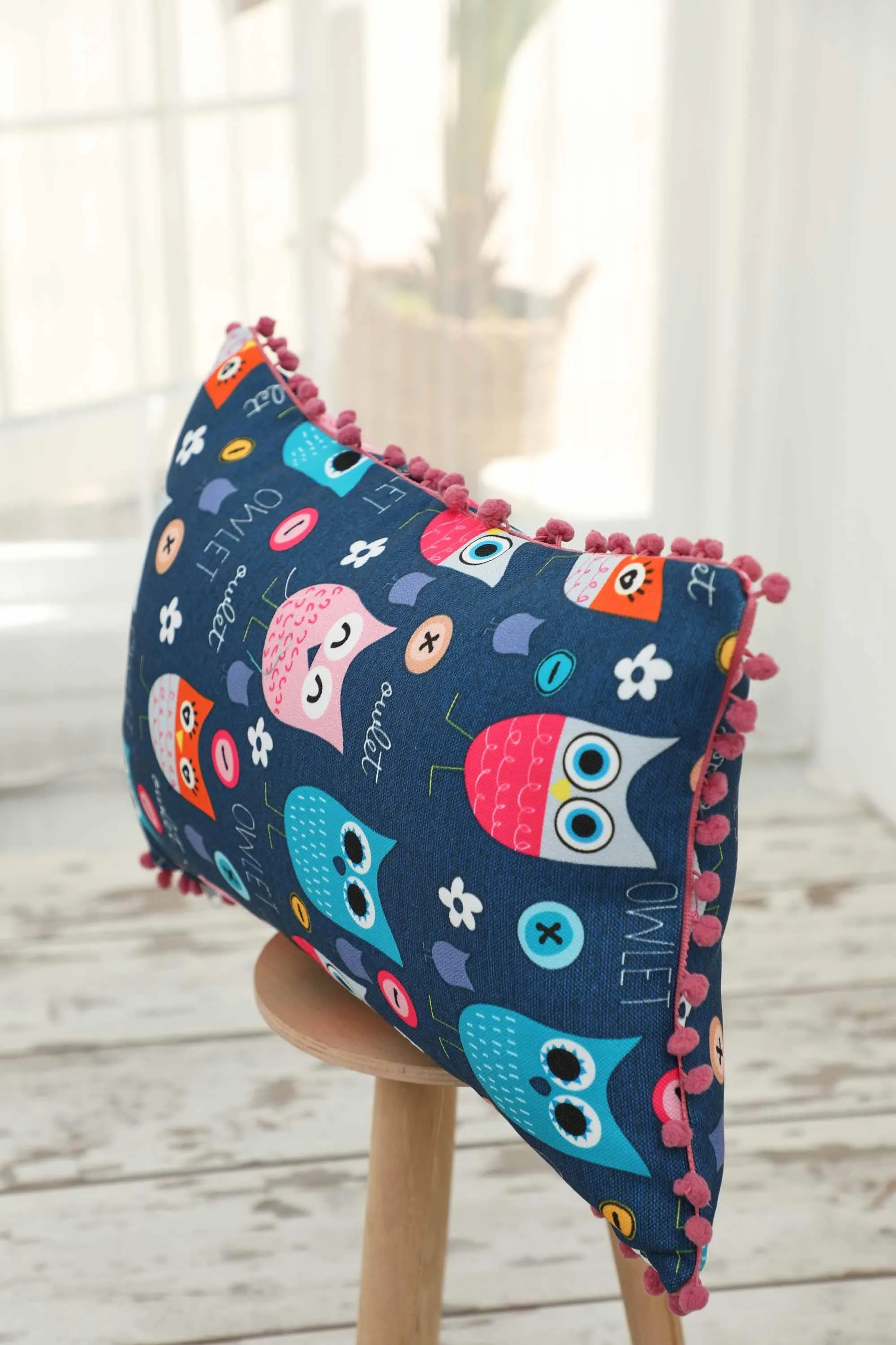 Playful Decorative Pillow Cover with Pom Pom Border, Living Room and Kids Room Decorative Throw Pillow Cover with Many Pattern Options,K-400