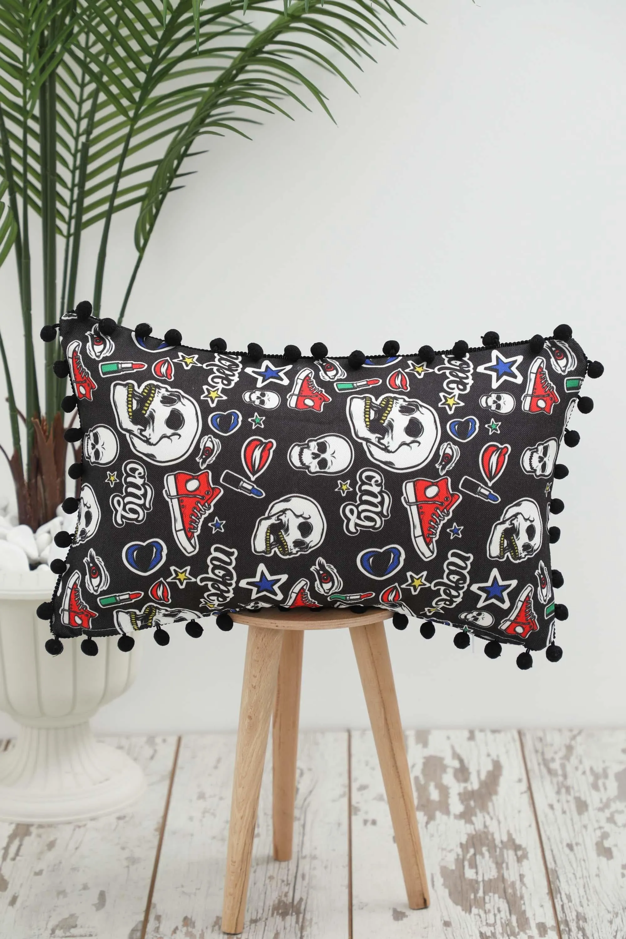 Playful Decorative Pillow Cover with Pom Pom Border, Living Room and Kids Room Decorative Throw Pillow Cover with Many Pattern Options,K-400