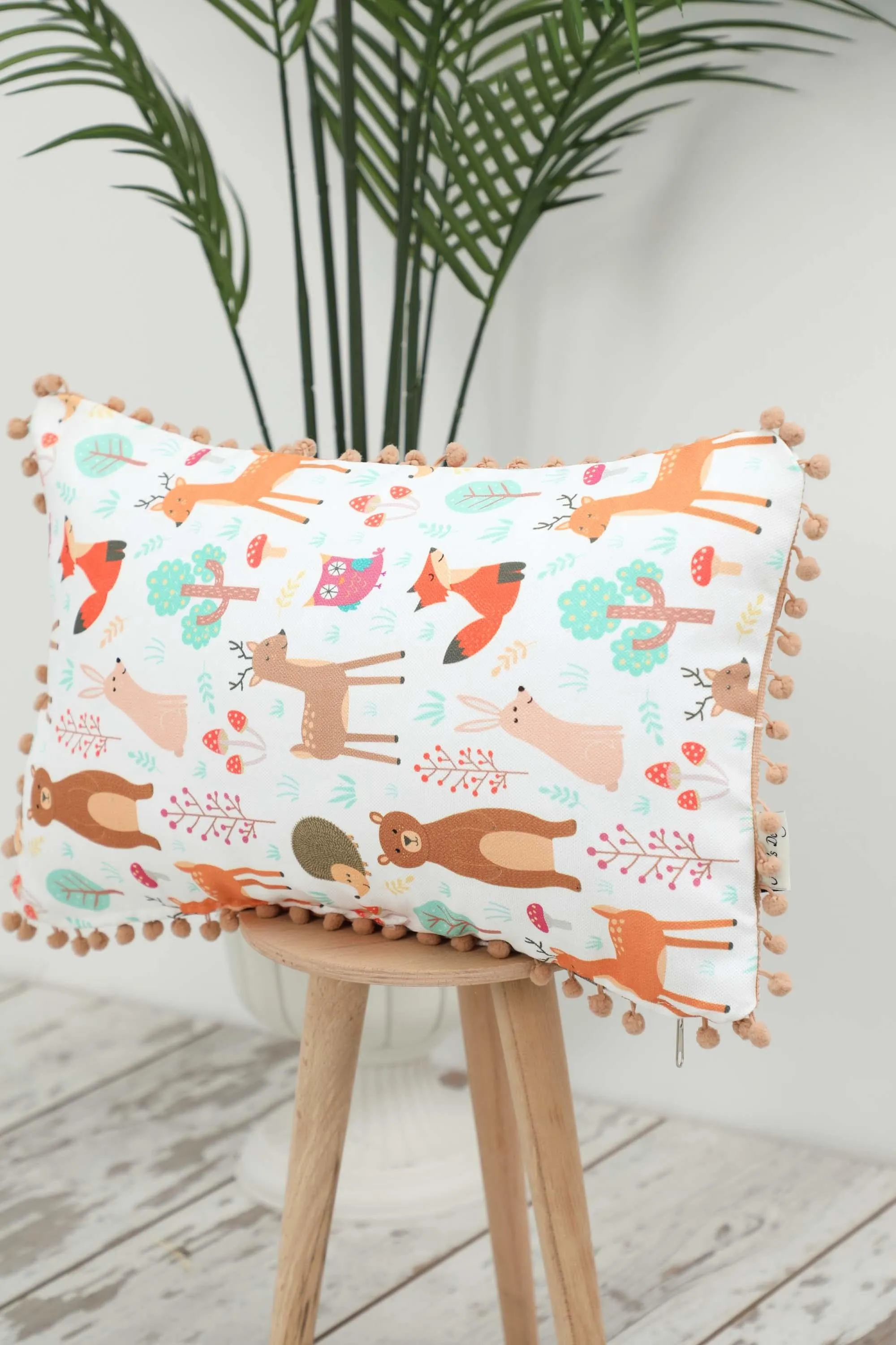 Playful Decorative Pillow Cover with Pom Pom Border, Living Room and Kids Room Decorative Throw Pillow Cover with Many Pattern Options,K-400