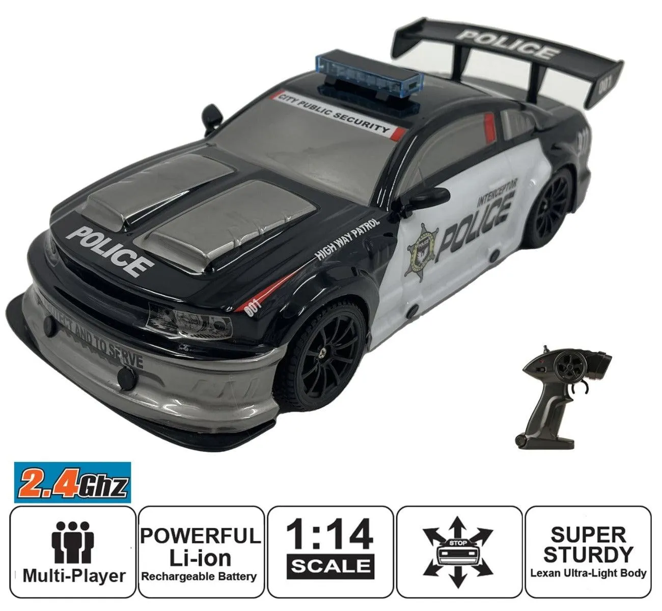 Playzu Auto Racing Police 1:14 Scale R/C Car - Black for Ages 6 