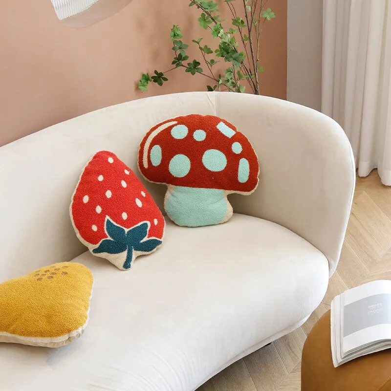 Plush Whimsical Embroidered Fruit and Toadstool Pillow Collection with Filling