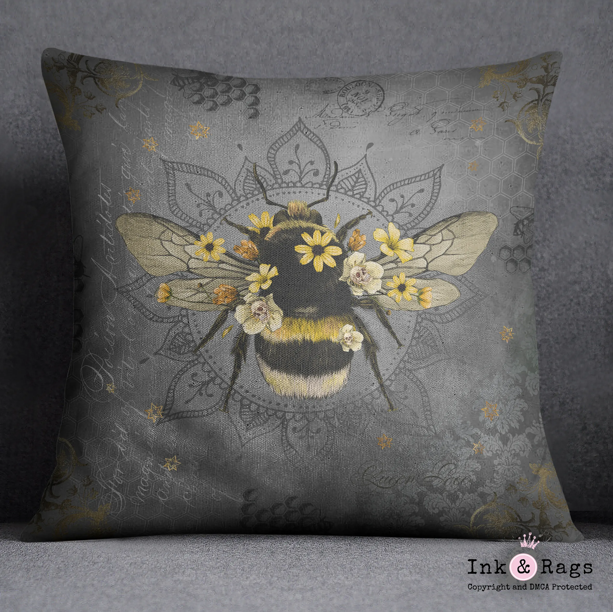 Poison Bee Mandala Skull Grey Decorative Throw and Pillow Cover Set