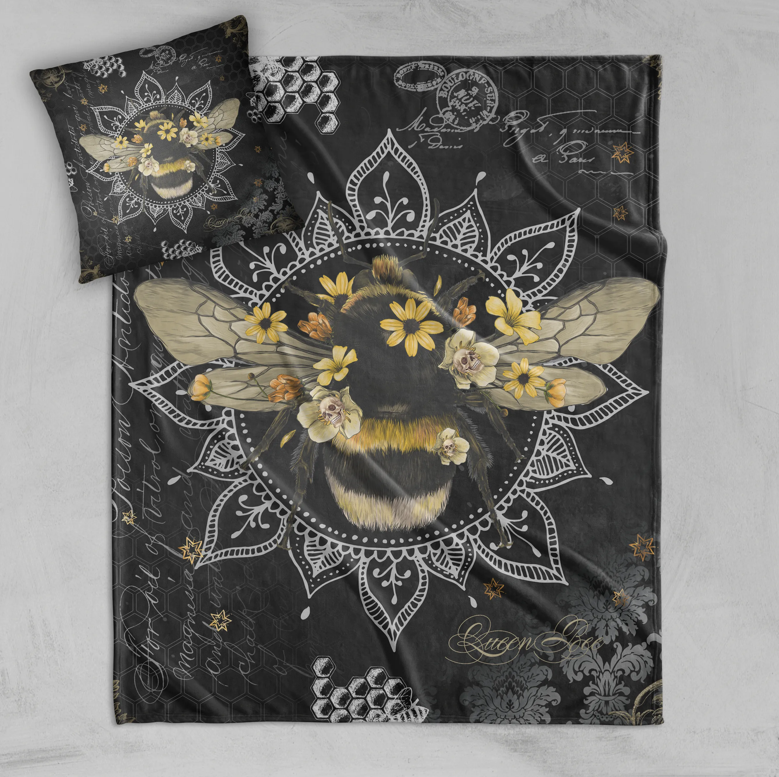 Poison Bee Mandala Skull Grey Decorative Throw and Pillow Cover Set