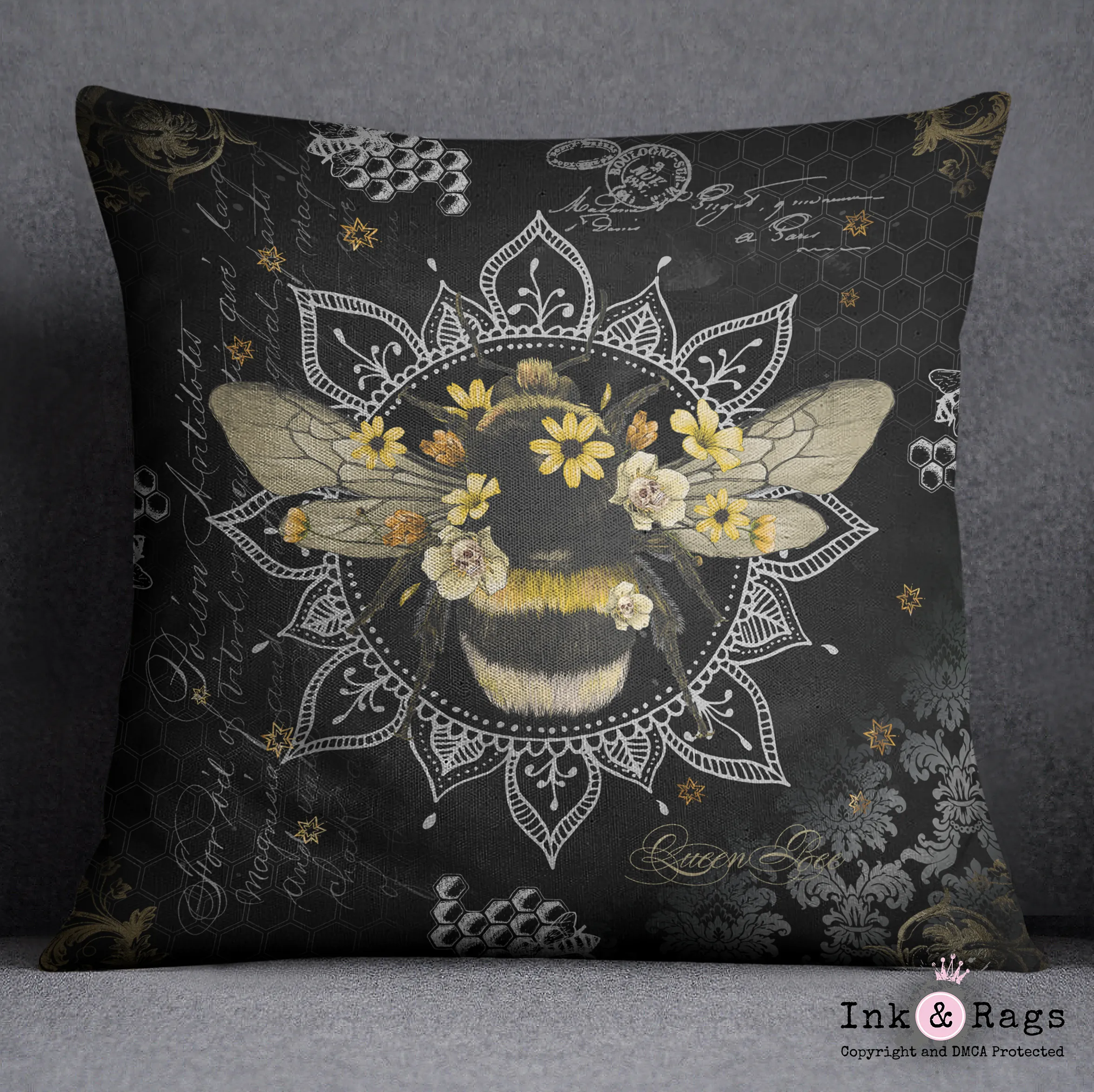 Poison Bee Mandala Skull Grey Decorative Throw and Pillow Cover Set