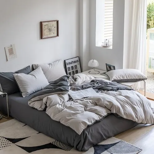 Premium Korean Single size 4 Pieces Reversible Constructor Design with 2 Attractive Pillow Covers, Plain Dark Grey  Bedsheet and Plain Grey Duvet Cover  without filler.