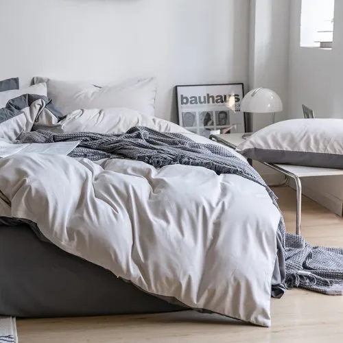 Premium Korean Single size 4 Pieces Reversible Constructor Design with 2 Attractive Pillow Covers, Plain Dark Grey  Bedsheet and Plain Grey Duvet Cover  without filler.