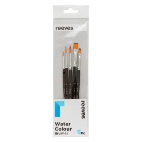 Reeves Water Colour Brushes Short Handle Set of 5 - No. 2, 4, & 6 Round; No. 6 & 10 Flat