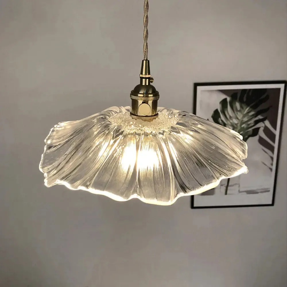 Ribbed Glass Vintage Floral Hanging Lamp Pendant - Single-Bulb Lighting for Restaurants