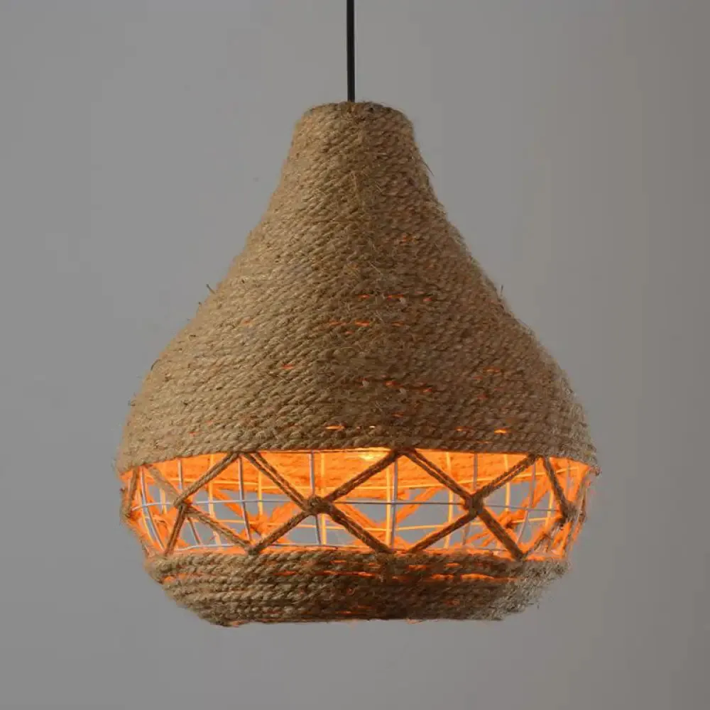 Rustic Beige Teardrop Rope Pendant Lamp - 1-Bulb Ceiling Hanging Light for Restaurants