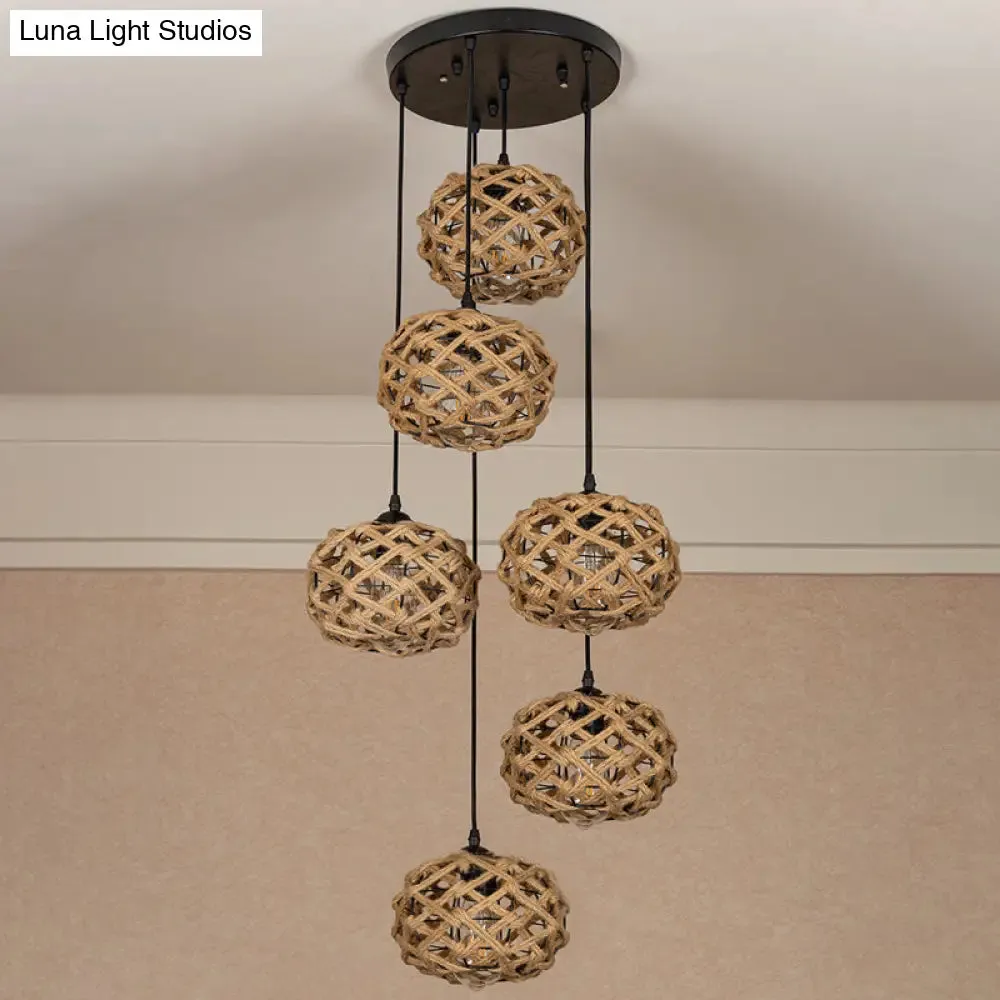 Rustic Oval Pendant Light with Cross-Woven Rope and Multiple Bulbs for Kitchen or Bar Area