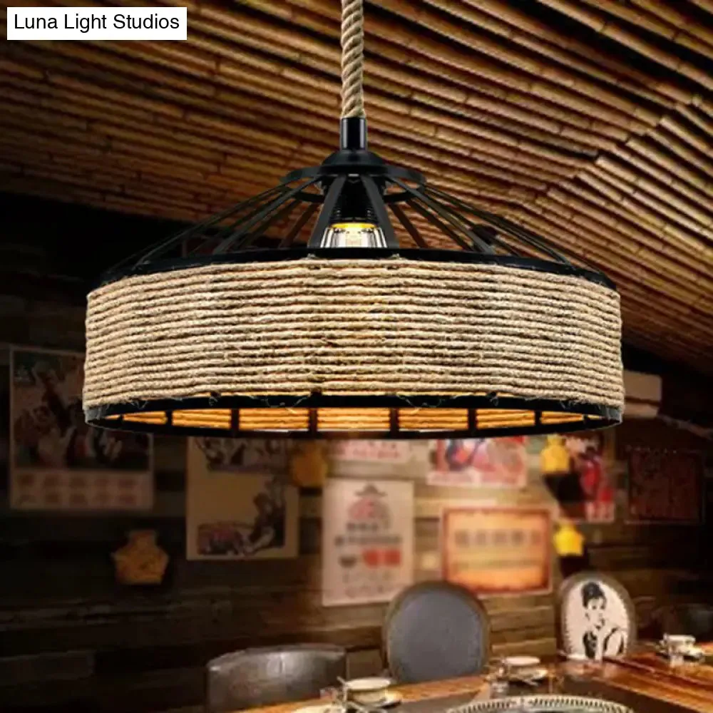 Rustic Rope Cage Pendant Light - Hand-Wrapped, 1 Bulb Ceiling Lamp in Light Brown for Restaurants