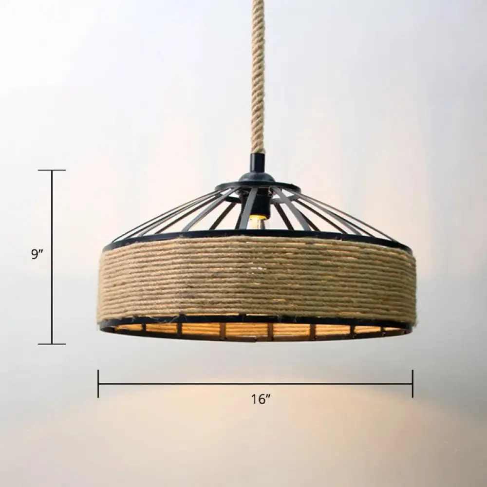 Rustic Rope Cage Pendant Light - Hand-Wrapped, 1 Bulb Ceiling Lamp in Light Brown for Restaurants