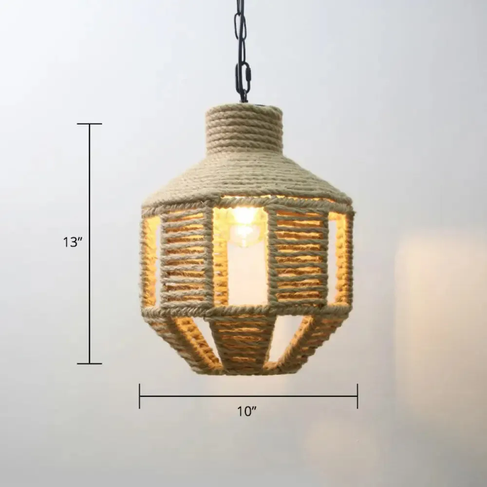 Rustic Rope Cage Pendant Light - Hand-Wrapped, 1 Bulb Ceiling Lamp in Light Brown for Restaurants