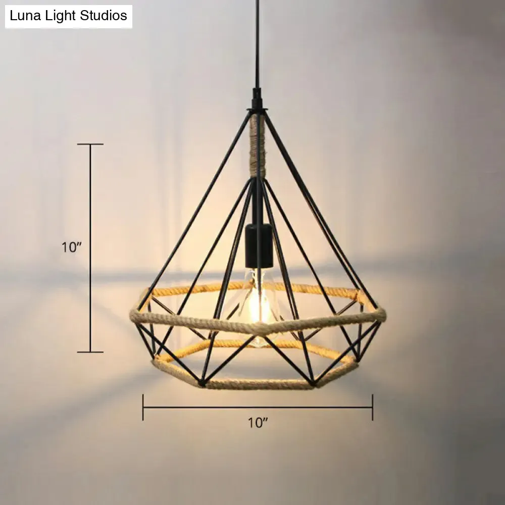 Rustic Rope Cage Pendant Light - Hand-Wrapped, 1 Bulb Ceiling Lamp in Light Brown for Restaurants