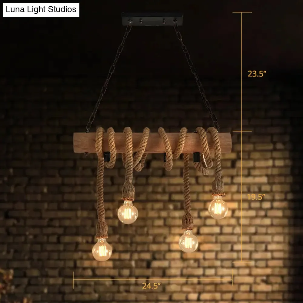 Rustic Wood and Rope Island Pendant Light Fixture - 4-Head Open Bulb Suspension Lighting