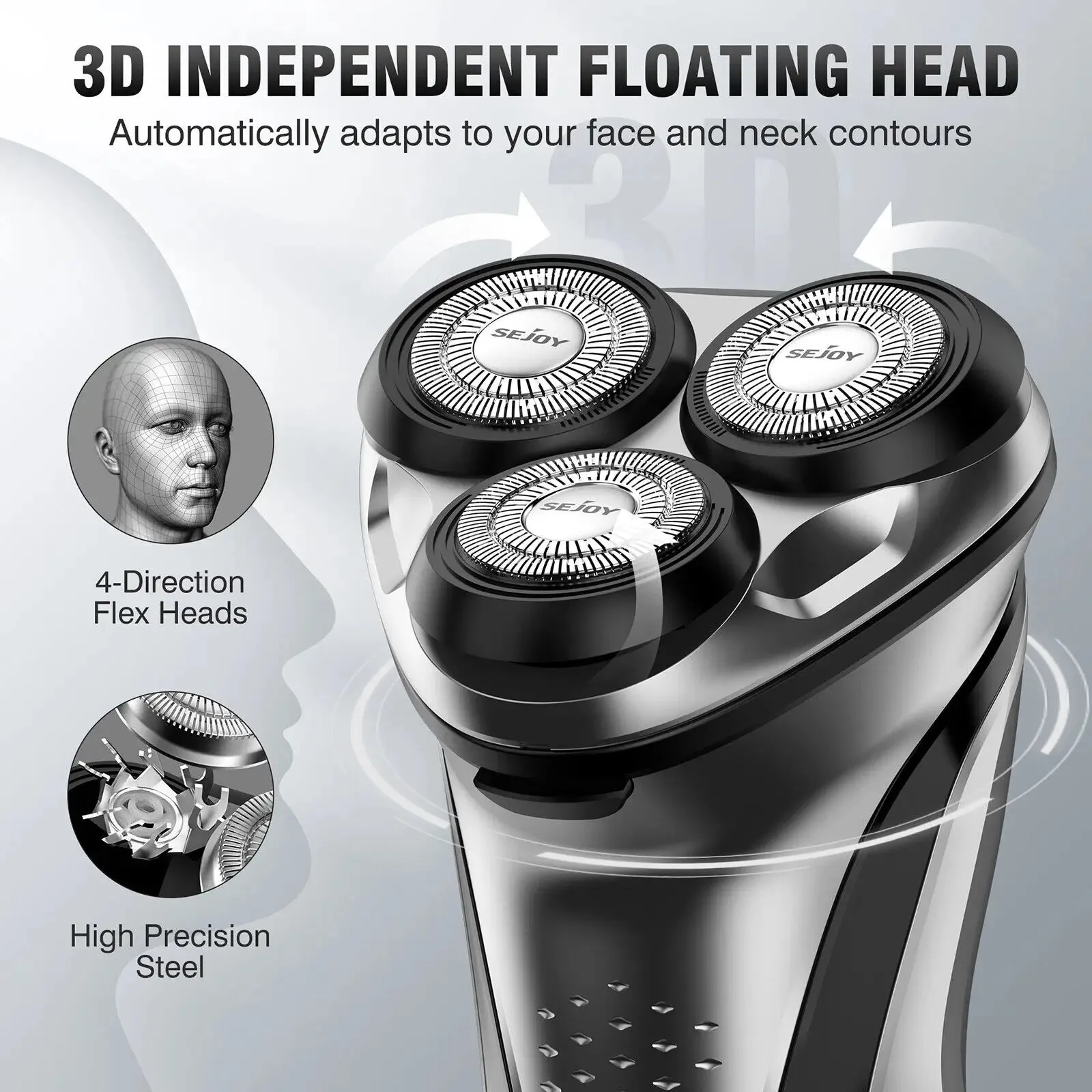 Sejoy 3D Electric Shaver for Men: IPX7 Waterproof, Fast Charging with Pop-Up Trimmer