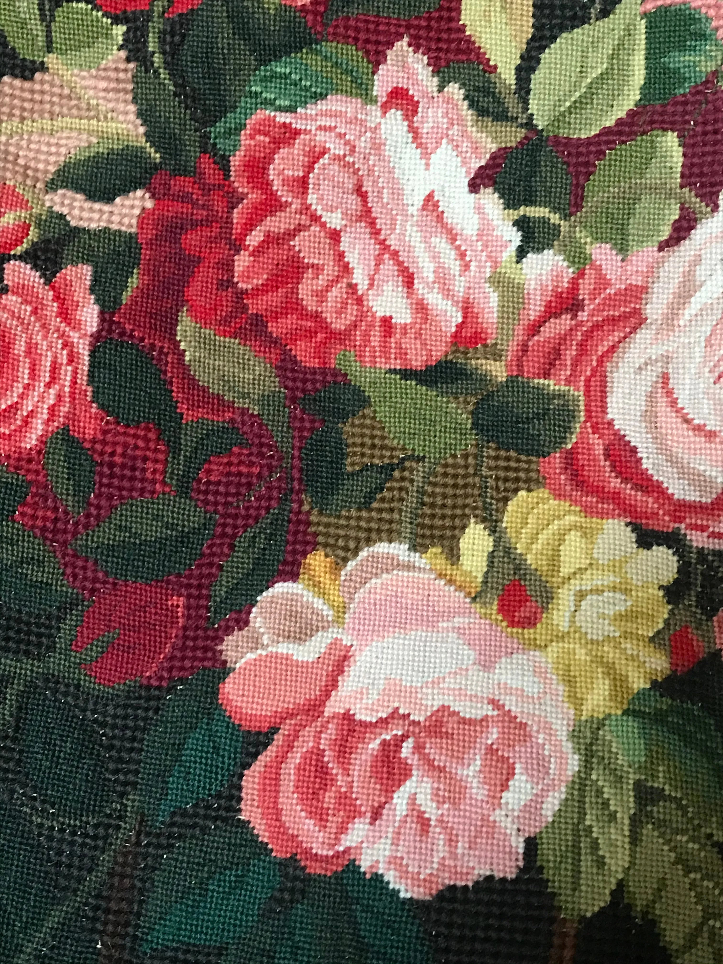 Stunning Needlepoint Petit Point Pillow Cover Basket of Blooms Reds & Pinks Roses Flowers