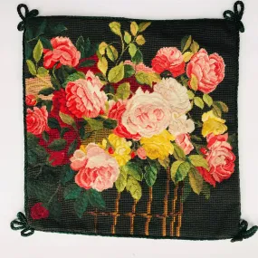 Stunning Needlepoint Petit Point Pillow Cover Basket of Blooms Reds & Pinks Roses Flowers