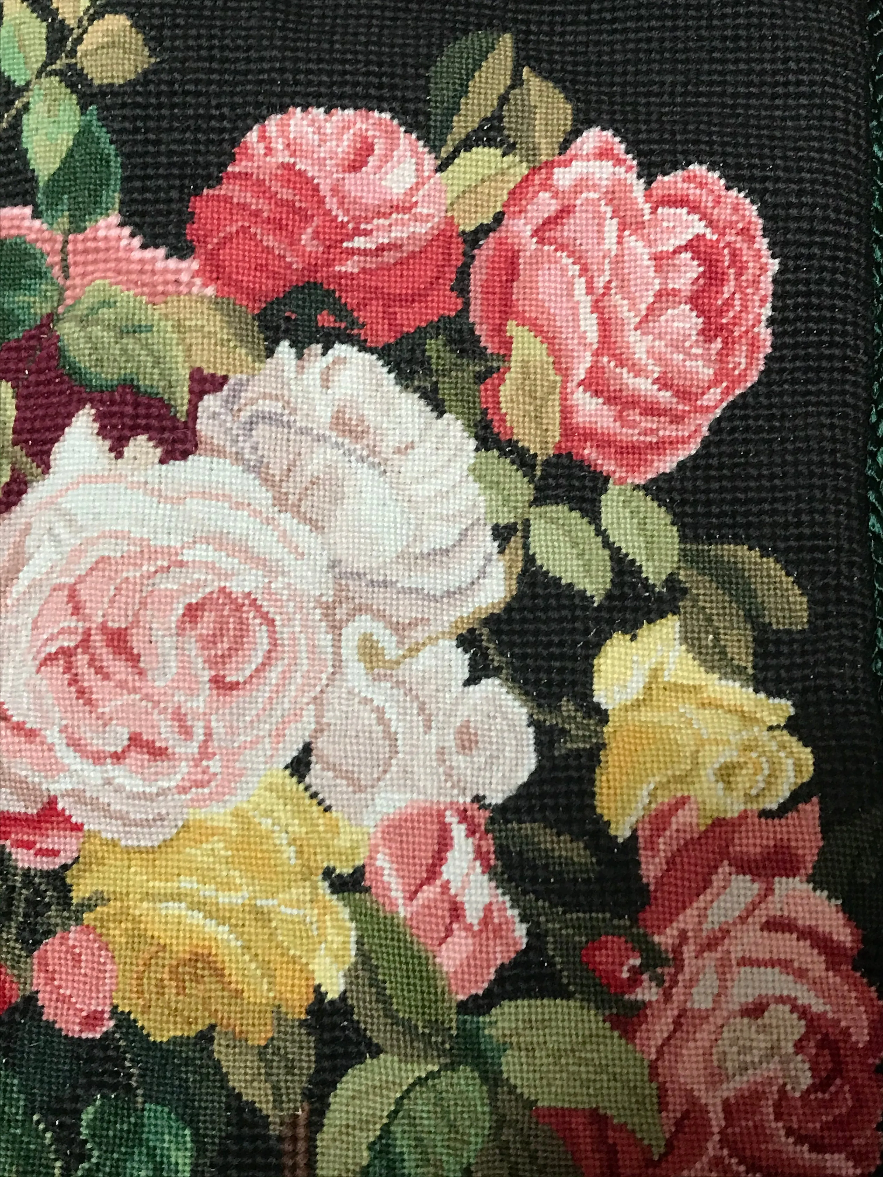 Stunning Needlepoint Petit Point Pillow Cover Basket of Blooms Reds & Pinks Roses Flowers