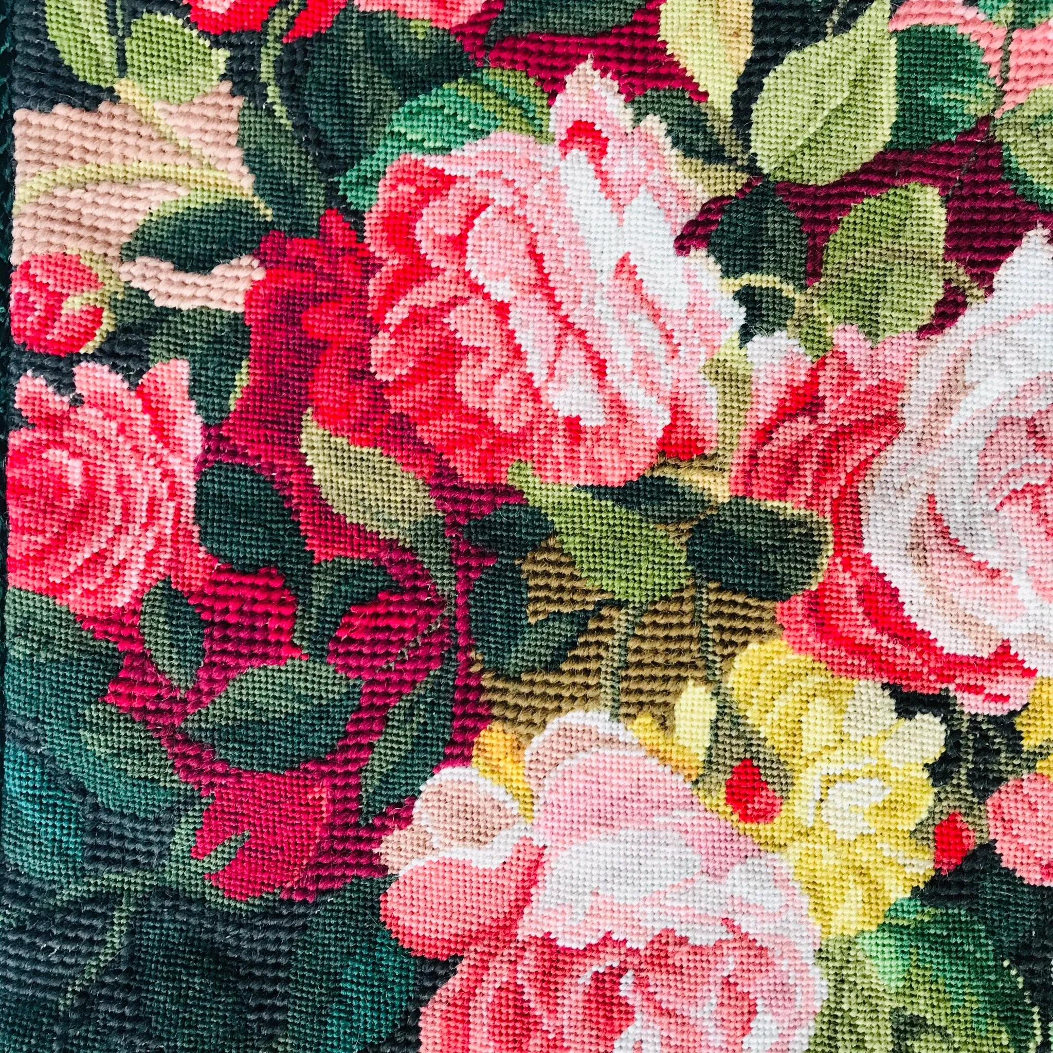 Stunning Needlepoint Petit Point Pillow Cover Basket of Blooms Reds & Pinks Roses Flowers