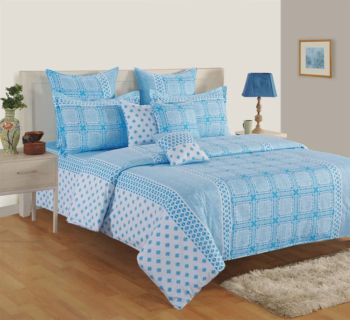 Swayam Zinnia Collection Premium Cotton 250 TC Floral Print Cotton Satin Double Bed Sheet with 2 Pillow Cover -Blue/White