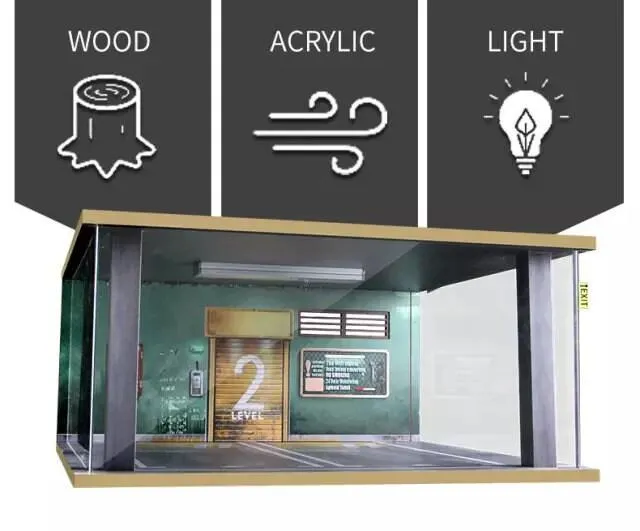 Toy Car Storage - Die Cast Car Garage Diorama - Wooden Two Car Parking Lot - DIY 1:18 Model Car Parking Space - Two Car Showroom With LED