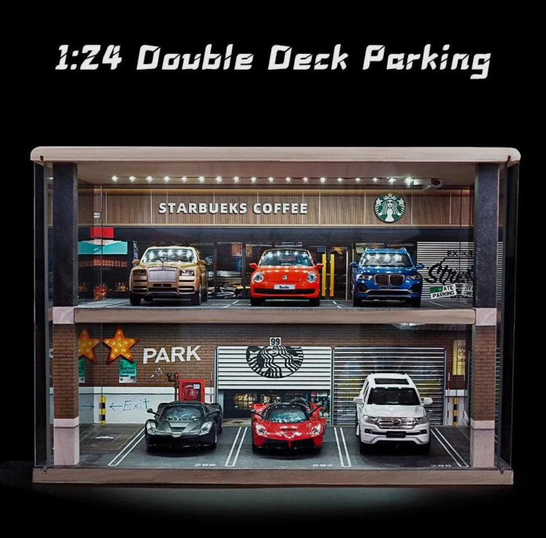 Toy Car Storage - Die Cast Two Story Car Garage Diorama - Double Deck Car Parking Lot DIY 1:24 Model Car Parking Space Car Showroom With LED