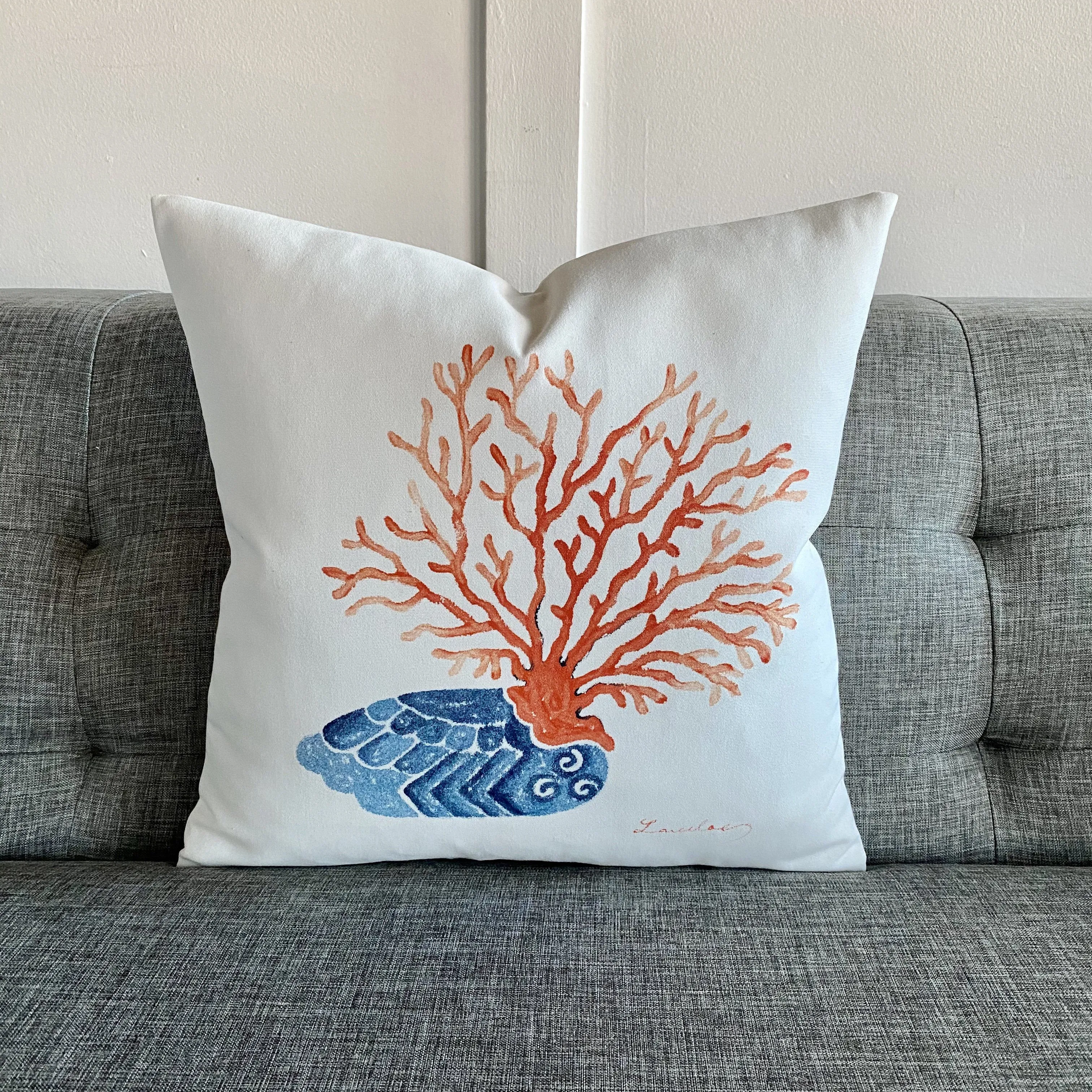 Tropical Hand-Painted Coral Throw Pillow Cover 16x16