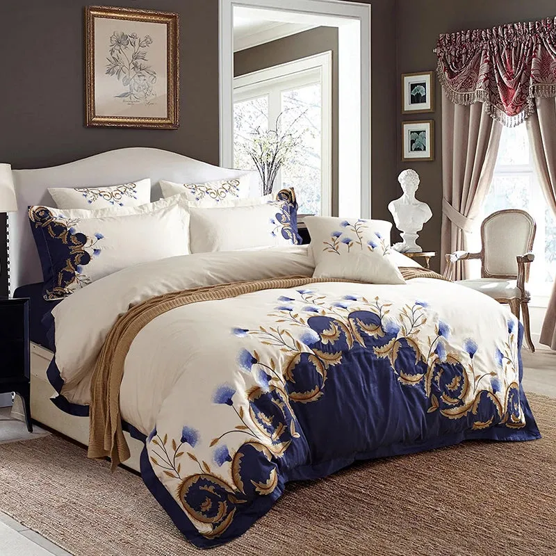 US King Queen size Chic Embroidered White Blue Luxury Bedding set 60S Egyptian Cotton bed sheet set Duvet cover Pillowcase