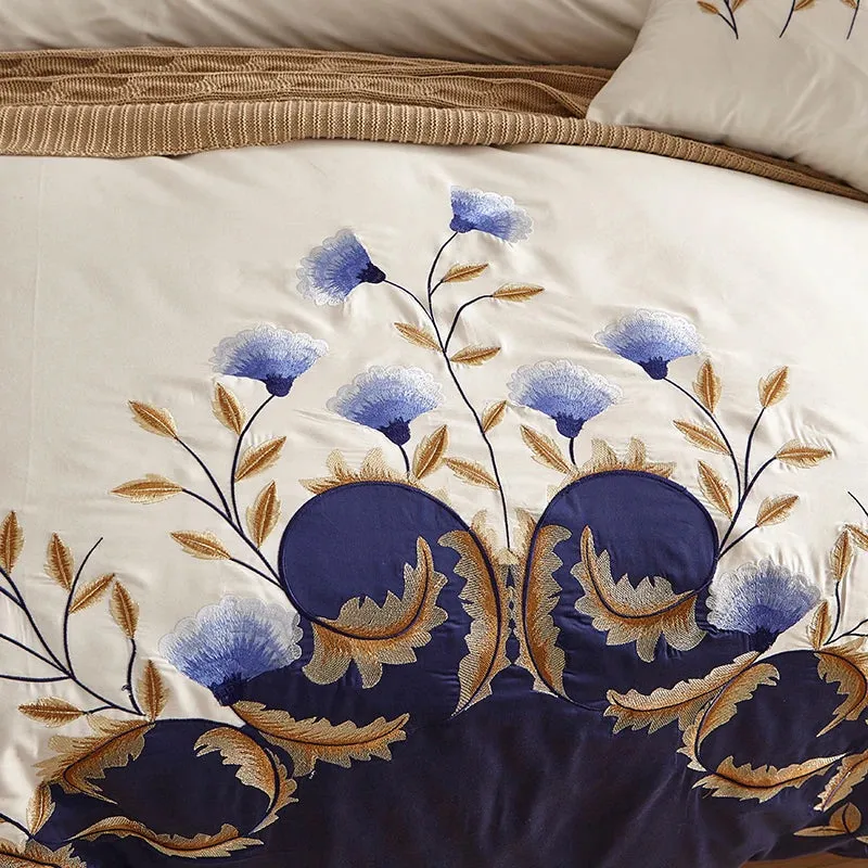 US King Queen size Chic Embroidered White Blue Luxury Bedding set 60S Egyptian Cotton bed sheet set Duvet cover Pillowcase