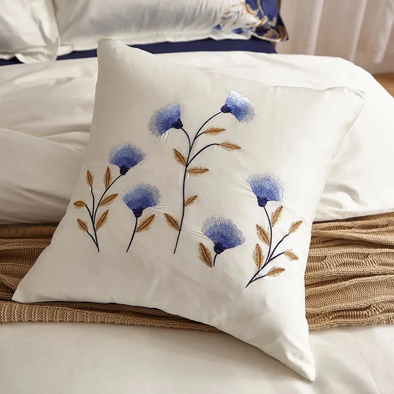 US King Queen size Chic Embroidered White Blue Luxury Bedding set 60S Egyptian Cotton bed sheet set Duvet cover Pillowcase