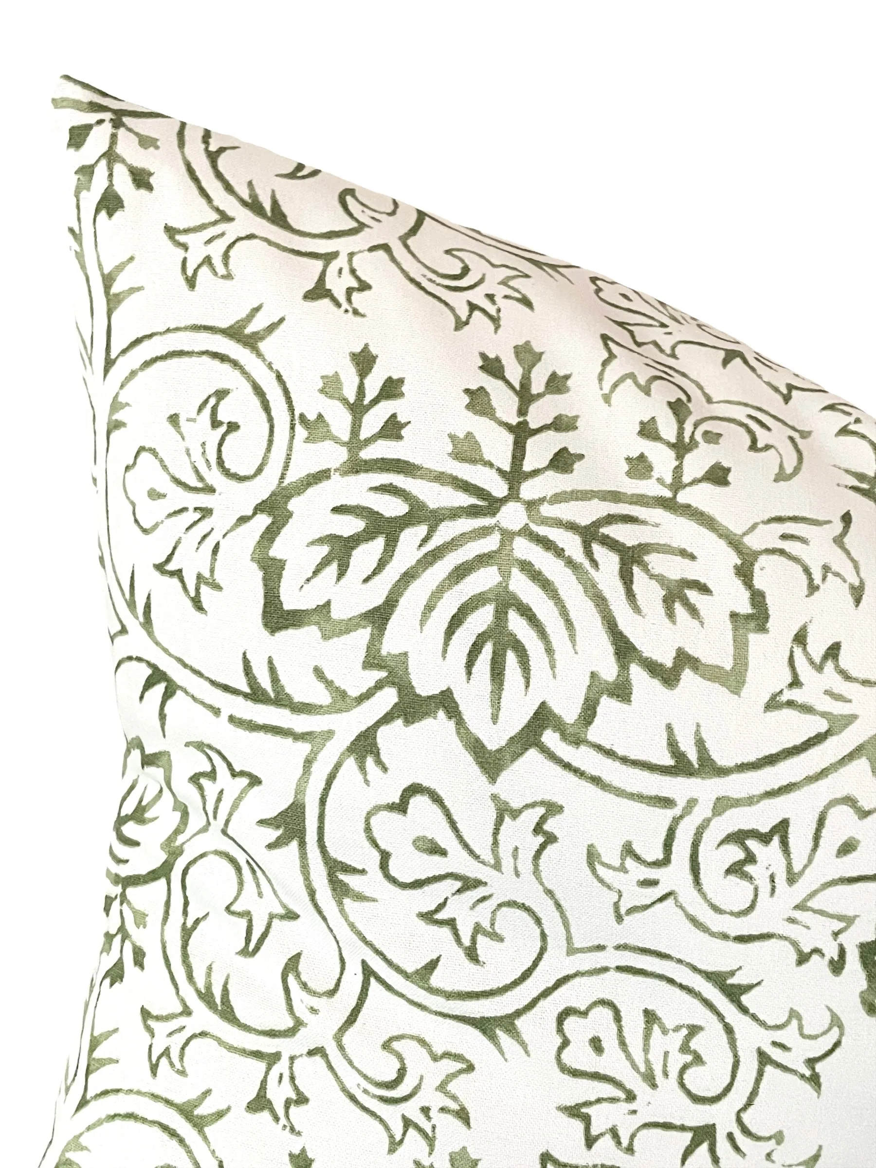 Vines: Block Printed Olive Green Botanical Pillow Cover