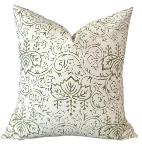 Vines: Block Printed Olive Green Botanical Pillow Cover