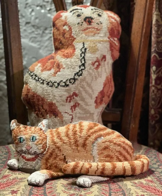 Vintage / Antique Figural Shaped Needlepoint  Tabby 🐈 Cat Pillow / Doorstop