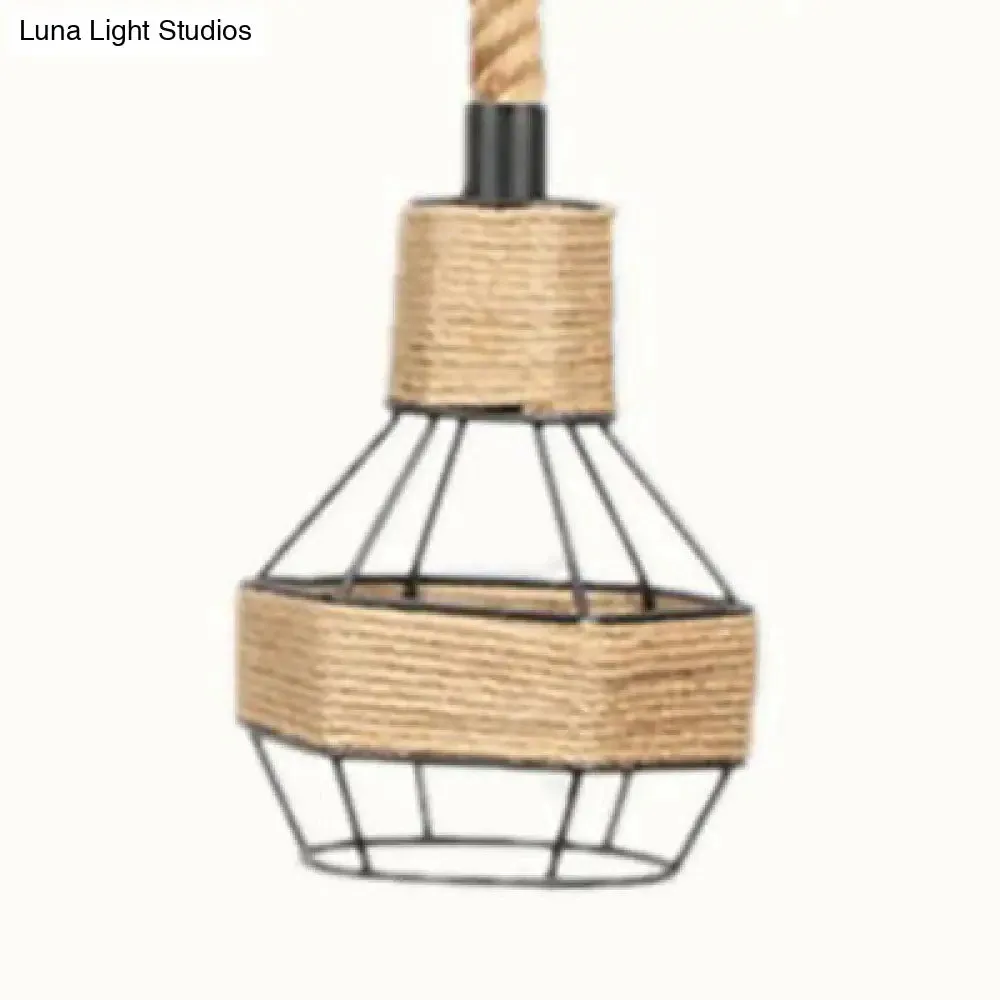 Vintage Beige Pendant Light with Wire Cage Shade – Rustic Metal and Rope Design – Ideal for Indoor Suspended Lighting