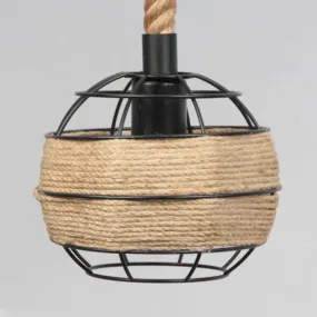 Vintage Beige Pendant Light with Wire Cage Shade – Rustic Metal and Rope Design – Ideal for Indoor Suspended Lighting