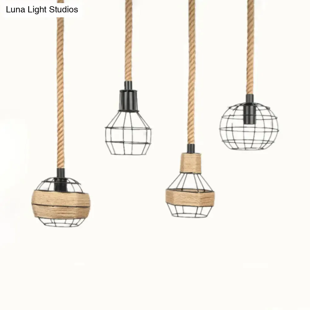 Vintage Beige Pendant Light with Wire Cage Shade – Rustic Metal and Rope Design – Ideal for Indoor Suspended Lighting