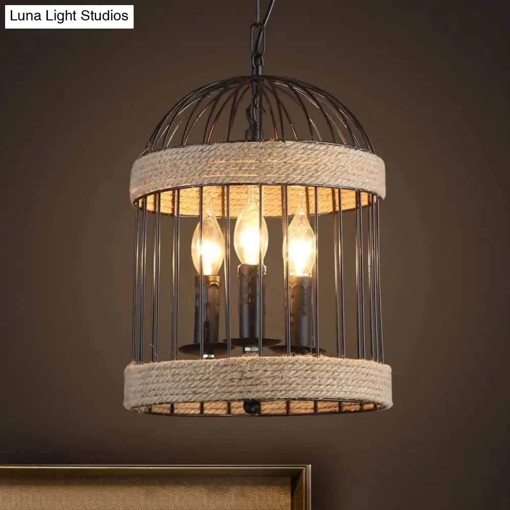 Vintage Black Birdcage Ceiling Light with Chain - Metal and Rope Hanging Lamp for Dining Room