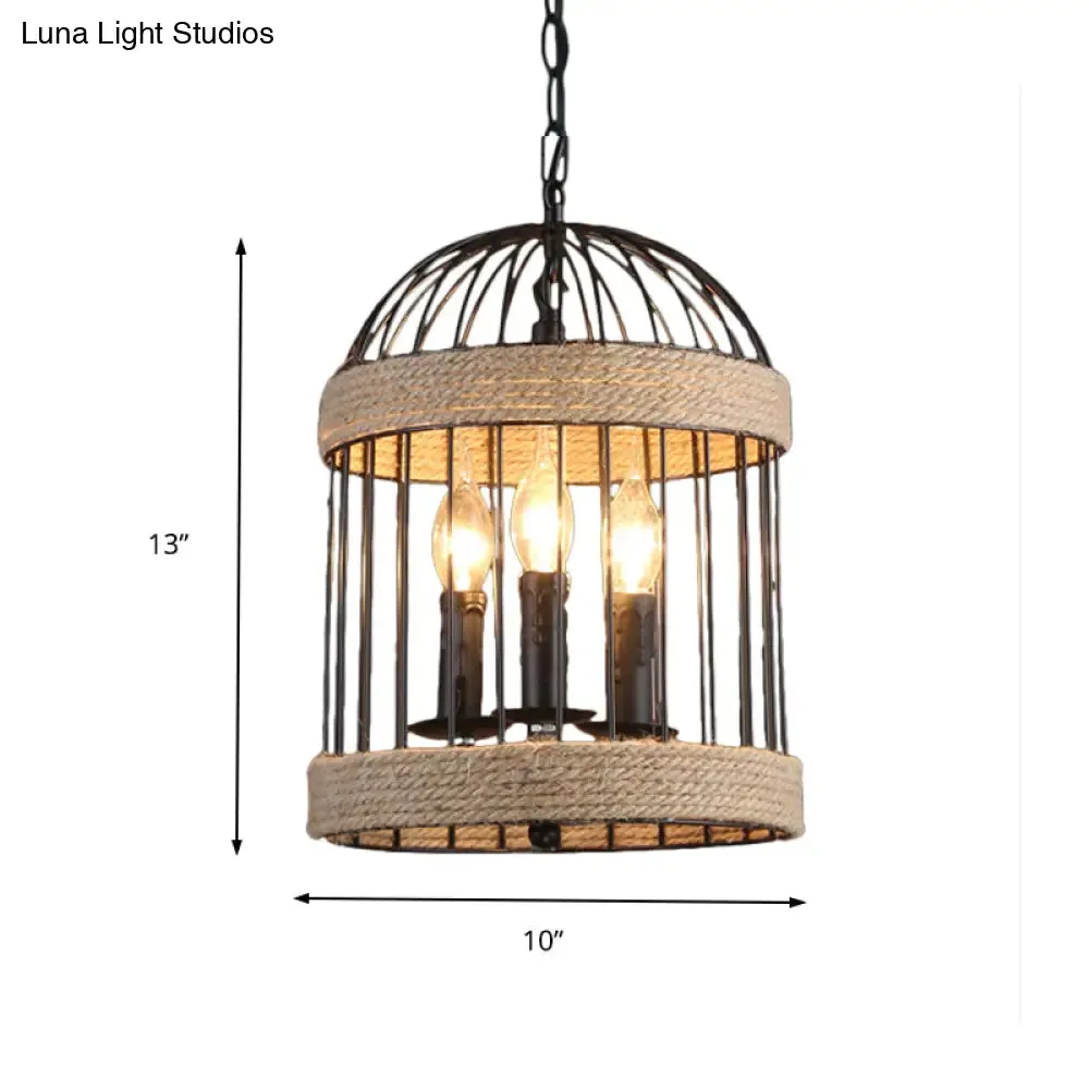 Vintage Black Birdcage Ceiling Light with Chain - Metal and Rope Hanging Lamp for Dining Room