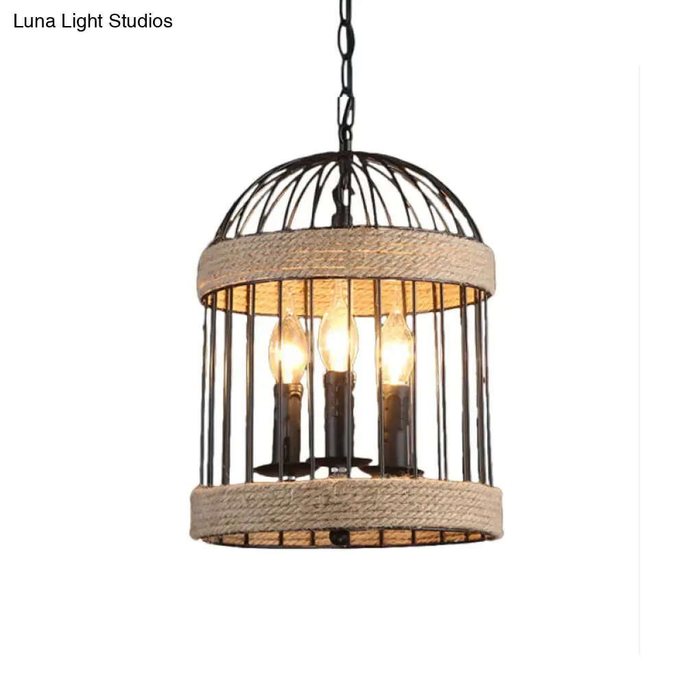 Vintage Black Birdcage Ceiling Light with Chain - Metal and Rope Hanging Lamp for Dining Room