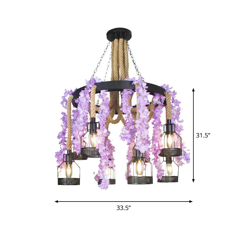 Vintage Hemp Rope Chandelier with 8 Flower Heads in Purple/Green - Perfect for Restaurant Down Lighting with Metal Cage