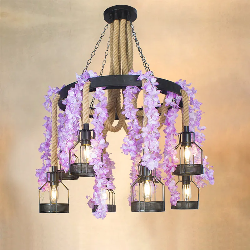 Vintage Hemp Rope Chandelier with 8 Flower Heads in Purple/Green - Perfect for Restaurant Down Lighting with Metal Cage