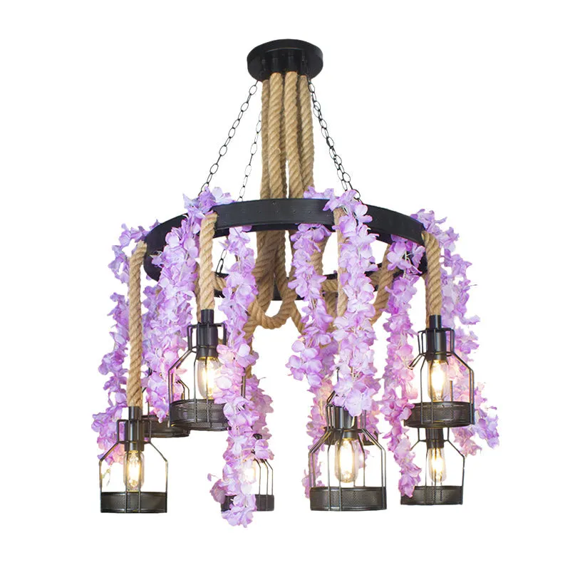 Vintage Hemp Rope Chandelier with 8 Flower Heads in Purple/Green - Perfect for Restaurant Down Lighting with Metal Cage