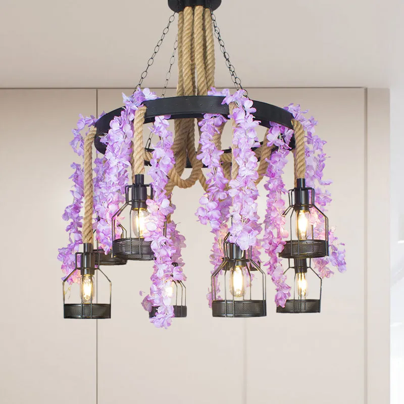 Vintage Hemp Rope Chandelier with 8 Flower Heads in Purple/Green - Perfect for Restaurant Down Lighting with Metal Cage