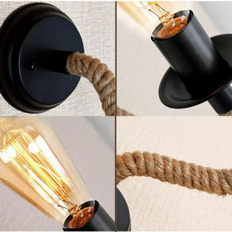 Vintage Industrial Hemp Rope Pipe Wall Sconce Wall Lamp Bar Lights H